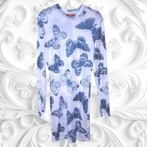 Guess Sheer White Long Sleeve Dress With Blue Butterflies Size Large